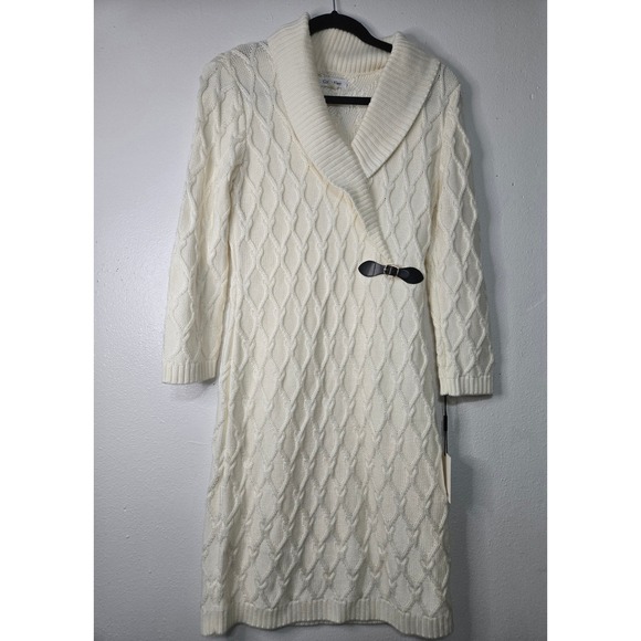 Calvin Klein Cream Cable Knit Sweater Dress Shawl Collar Buckle Detail Size M - Picture 1 of 10